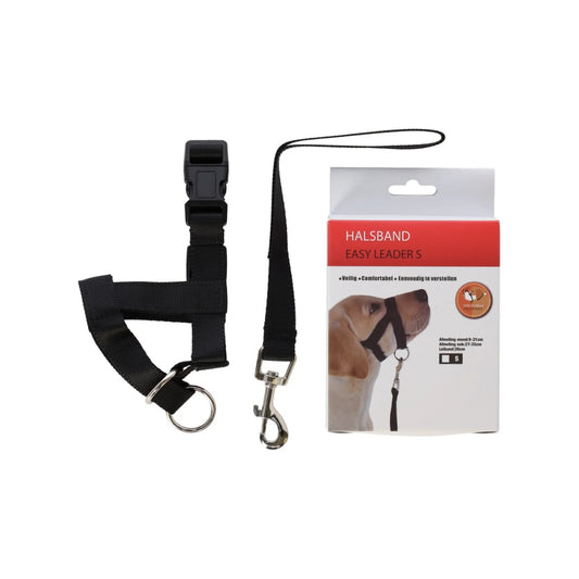 Zwart nylon hoofdhalster met verstelbare banden en riemclip dat de kop zacht stuurt om trekgedrag te verminderen; comfortabel en duurzaam voor dagelijkse wandelingen.