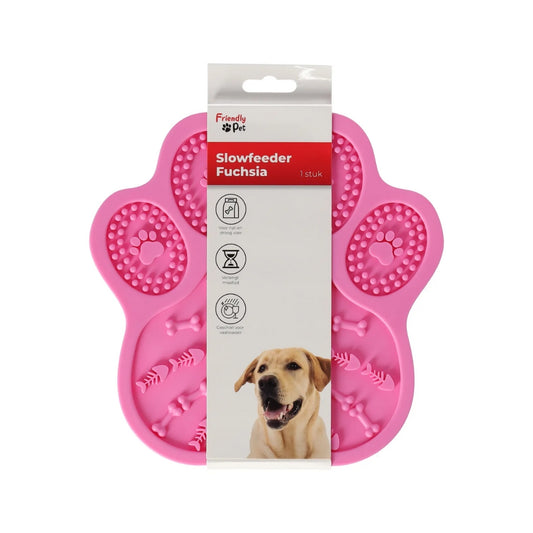 Fuchsia anti schrok likmat voor honden van Blije Pootjes, helpt honden rustiger eten en voorkomt schrokken