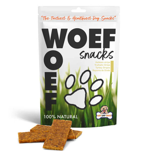 Close-up van zachte, gedroogde kalkoen strips: 100% natuurlijke, graan- en suikervrije hondensnack; licht verteerbaar en geschikt als beloning voor pups en volwassen honden.