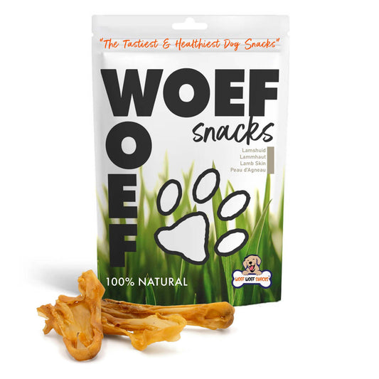 Hondensnack van 100% gedroogde lamshuid. Natuurlijk, hypoallergeen, rijk aan eiwit en vet, ondersteunt kauwspieren en gebitsverzorging.
