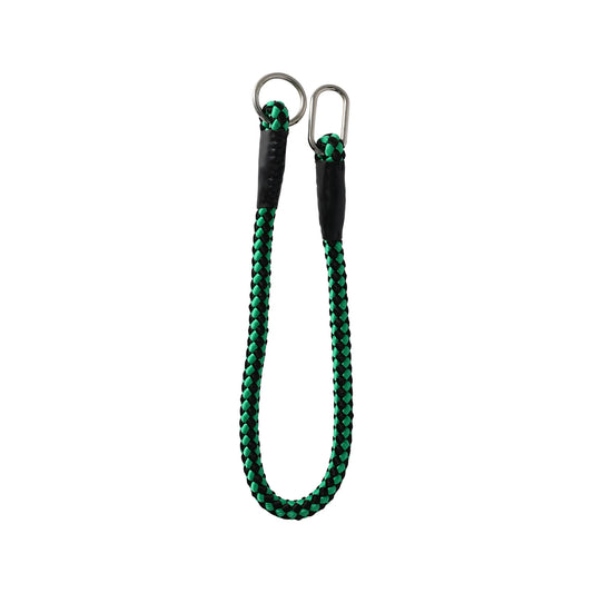 Groen-zwarte gevlochten sliplijn voor honden, met metalen ring en stopper; combineert halsband en lijn in één.
