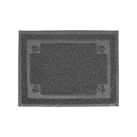 Rechthoekige grijze kattenbakmat met lussenstructuur en pootmotieven; antislip en eenvoudig te reinigen.