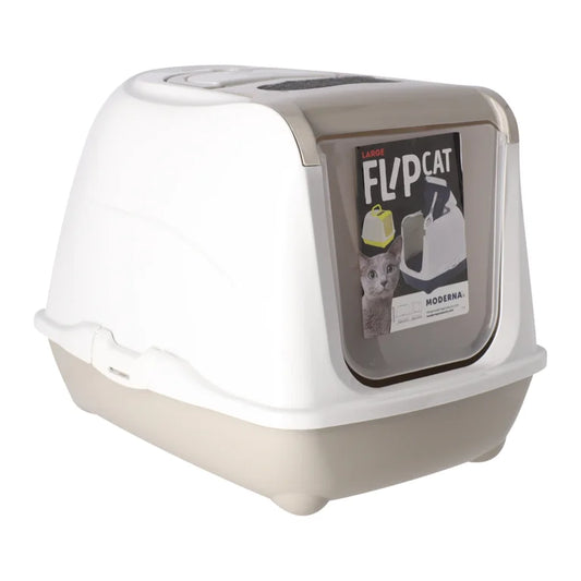 Ruime grijze kattenbak (50 cm) met openklapbare voorklep, transparante deur en handgreep, gemaakt van stevig premium kunststof voor hygiënisch onderhoud.