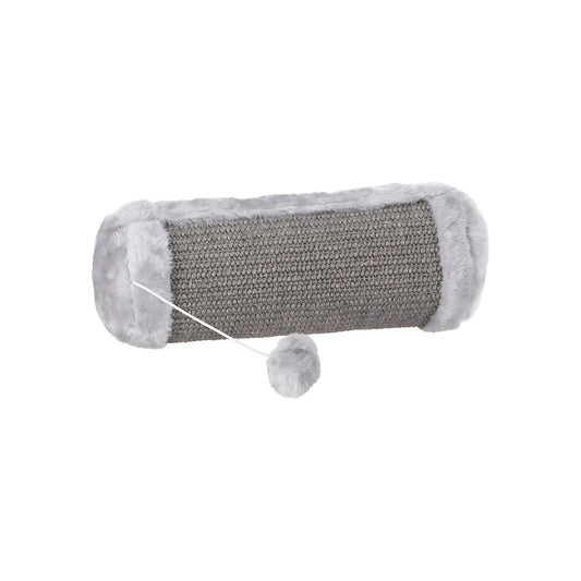 Cilindervormige kattenkrabrol van sisal met zachte pluche uiteinden en hangend speelballetje; lengte 27 cm.
