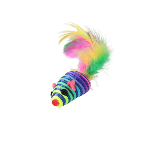 Interactief kattenspeeltje: kleurrijke regenboogmuis met veerstaart, lichtgewicht en ideaal om te slaan, najagen en te grijpen. Stimuleert het jachtinstinct.
