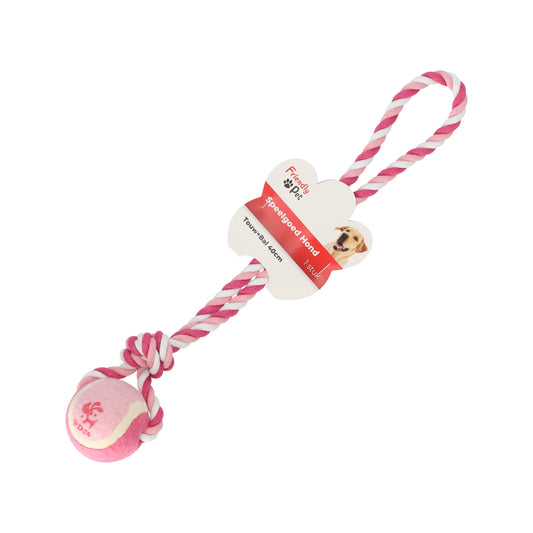 Hondenspeelgoed in roze/wit: gedraaid touw met handlus en roze tennisbal (40 cm), geschikt voor apporteren, trekspel en lichte tandreiniging.