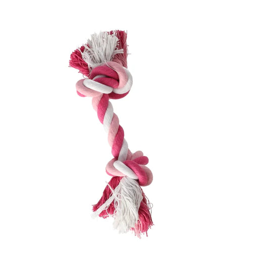 Compact hondenspeelgoed: roze/wit gevlochten touw van 20 cm met knopen en losse uiteinden, ideaal voor kauwen, trekken en gebitsverzorging bij honden.