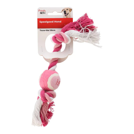 Compact hondenspeelgoed van 30 cm: roze/wit gevlochten touw met stevige tennisbal en losse vezels, ideaal voor kauwen, trekken en tandverzorging.