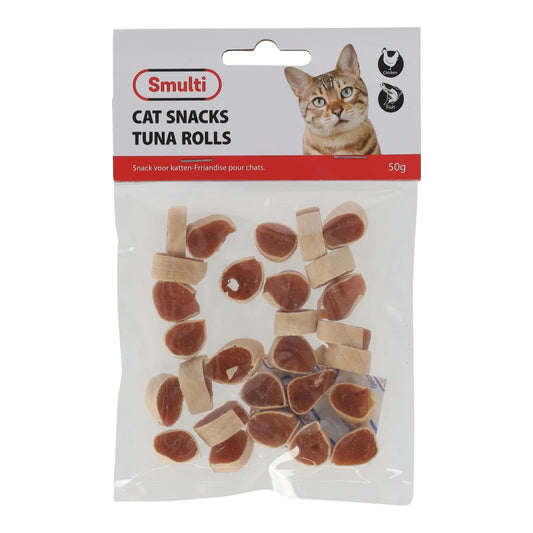 Hersluitbaar zakje (50 g) met zachte tonijn rolls voor katten: eiwitrijke vissnack met omega-3, ideaal als beloning of smakelijk tussendoortje.