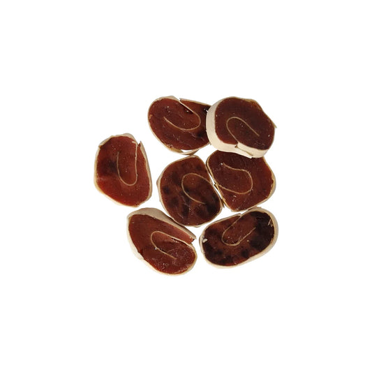 Hondensnack van eend in sushi-vorm, 80 gram verpakking. Eiwitrijke en natuurlijke traktatie voor honden van alle rassen.