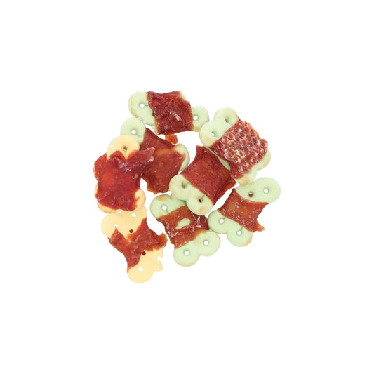 Knapperige hondensnack van biscuit en eend, 100 gram verpakking, ideaal als gezonde beloning voor honden van alle rassen.