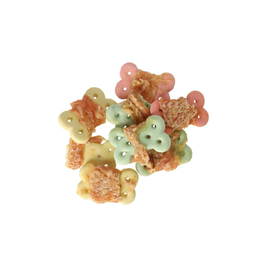 Mix van kleurrijke hondenkoekjes met kippenvlees, krokant gebakken, geschikt als beloningssnack voor honden van alle groottes.