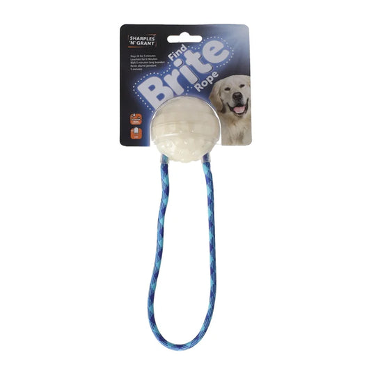 Hondenspeelgoed met een stevige glow-in-the-dark bal (6 cm) en blauw gevlochten touw, geschikt voor apporteren en trekspelletjes, ook in het donker.