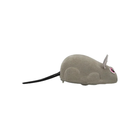 Kat jaagt en speelt met een grijze opwindbare muis die vanzelf beweegt en jachtgedrag stimuleert.