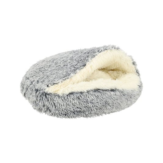 Grijze donutvormige kattenmand met zachte pluche kap en antislip bodem, ontworpen om warmte en geborgenheid te bieden.
