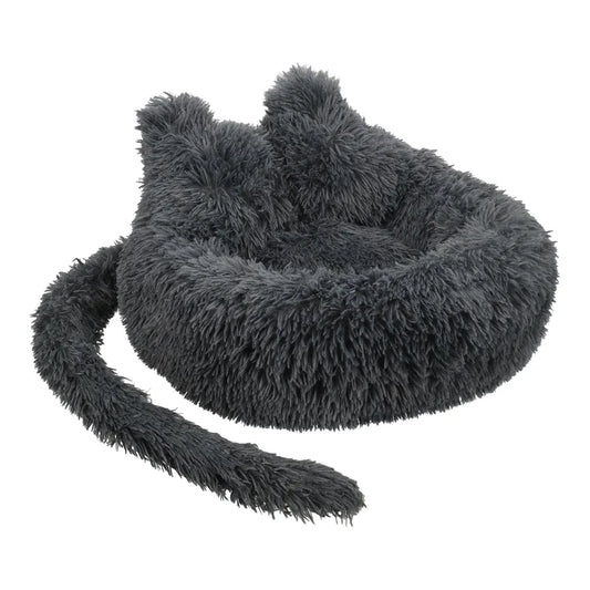 Luxe zwarte kattenmand SnuggleTail van zachte pluche, met ronde donutvorm en antislip bodem voor ultiem comfort.