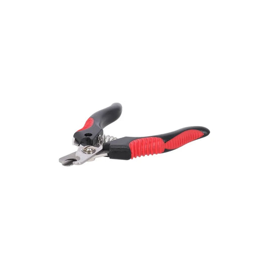 Een compacte nagelknipper met rood-zwarte handgreep en metalen bladen, ontworpen voor het veilig knippen van nagels bij honden en katten.