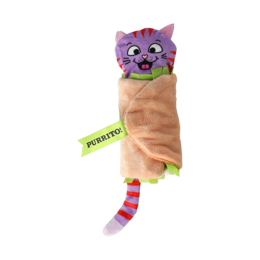 Purrito Burrito kattenspeeltje van Kong met paars pluche katje en groene wikkel, voorzien van catnip en klittenbandsluiting.