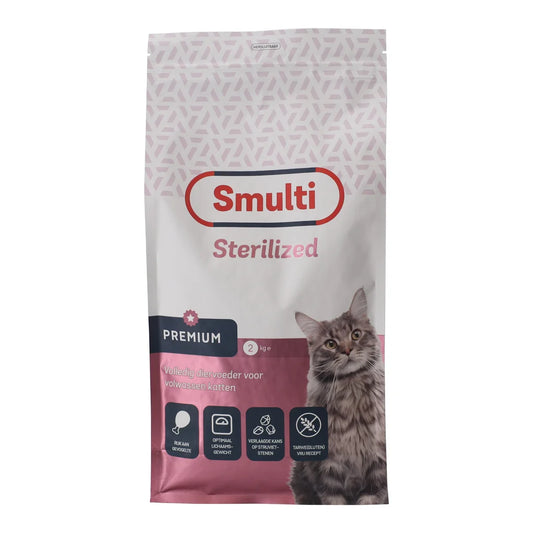 Zak Smulti Premium Sterilized kattenvoer van 2 kg voor volwassen gesteriliseerde katten, rijk aan gevogelte en tarwevrij.
