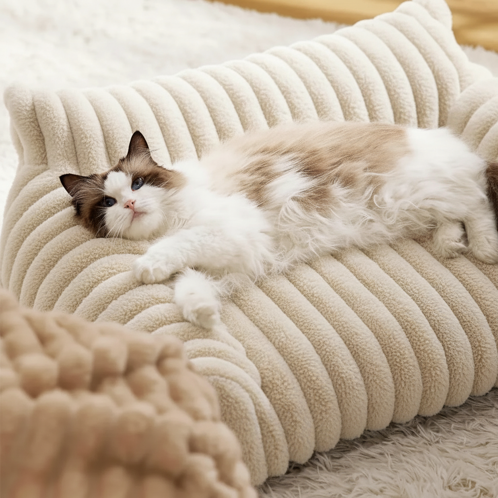 Kat slaapt opgekruld in een zachte design kattenmand die mooi aansluit bij het interieur