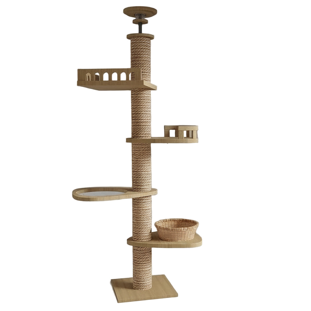 Kattenboom 5 etages – minimalistisch design kattenboom in natuurhoutHondkatWereld.nl