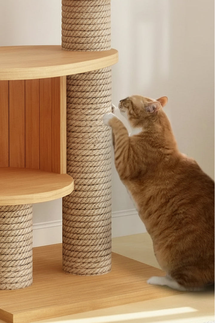 Kattenboom 5 etages – minimalistisch design kattenboom in natuurhoutHondkatWereld.nl