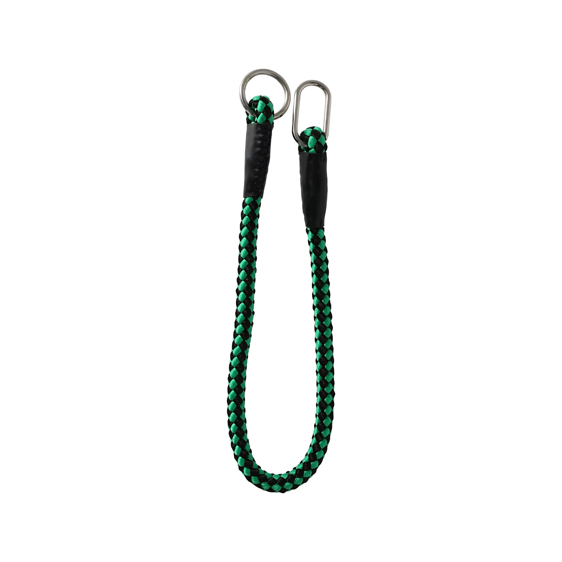 Groen-zwarte gevlochten sliplijn voor honden, met metalen ring en stopper; combineert halsband en lijn in één.