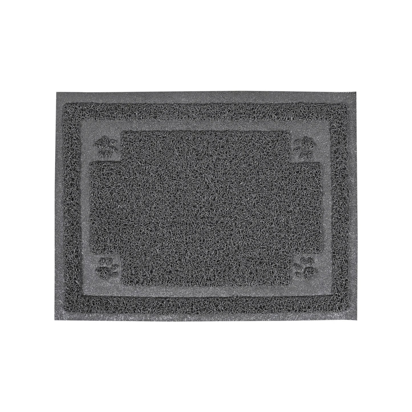 Rechthoekige grijze kattenbakmat met lussenstructuur en pootmotieven; antislip en eenvoudig te reinigen.