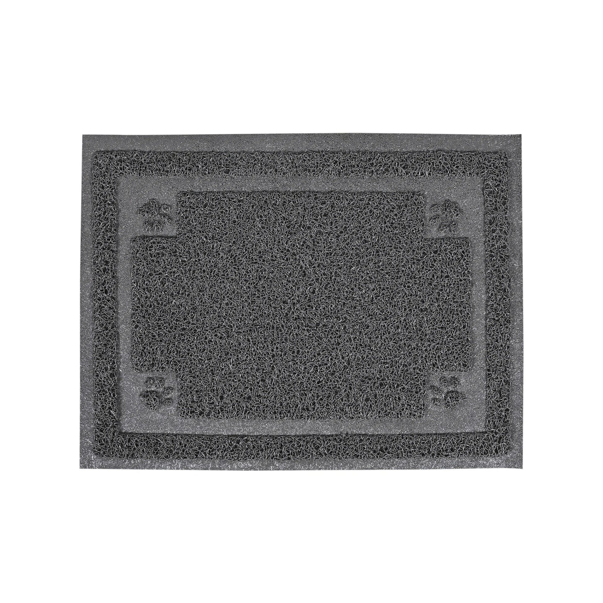 Rechthoekige grijze kattenbakmat met lussenstructuur en pootmotieven; antislip en eenvoudig te reinigen.