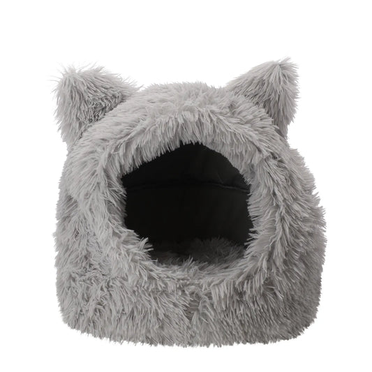 Knusse grijze kattenmand met schattige oortjes. Zacht pluche kattenhuisje (40x32x42 cm) dat warmte, geborgenheid en slaapcomfort biedt.