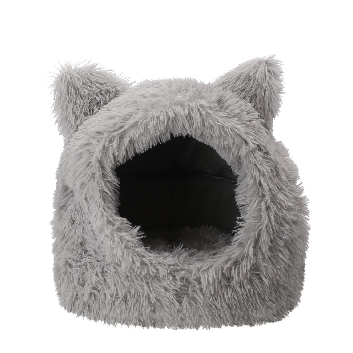 Knusse grijze kattenmand met schattige oortjes. Zacht pluche kattenhuisje (40x32x42 cm) dat warmte, geborgenheid en slaapcomfort biedt.