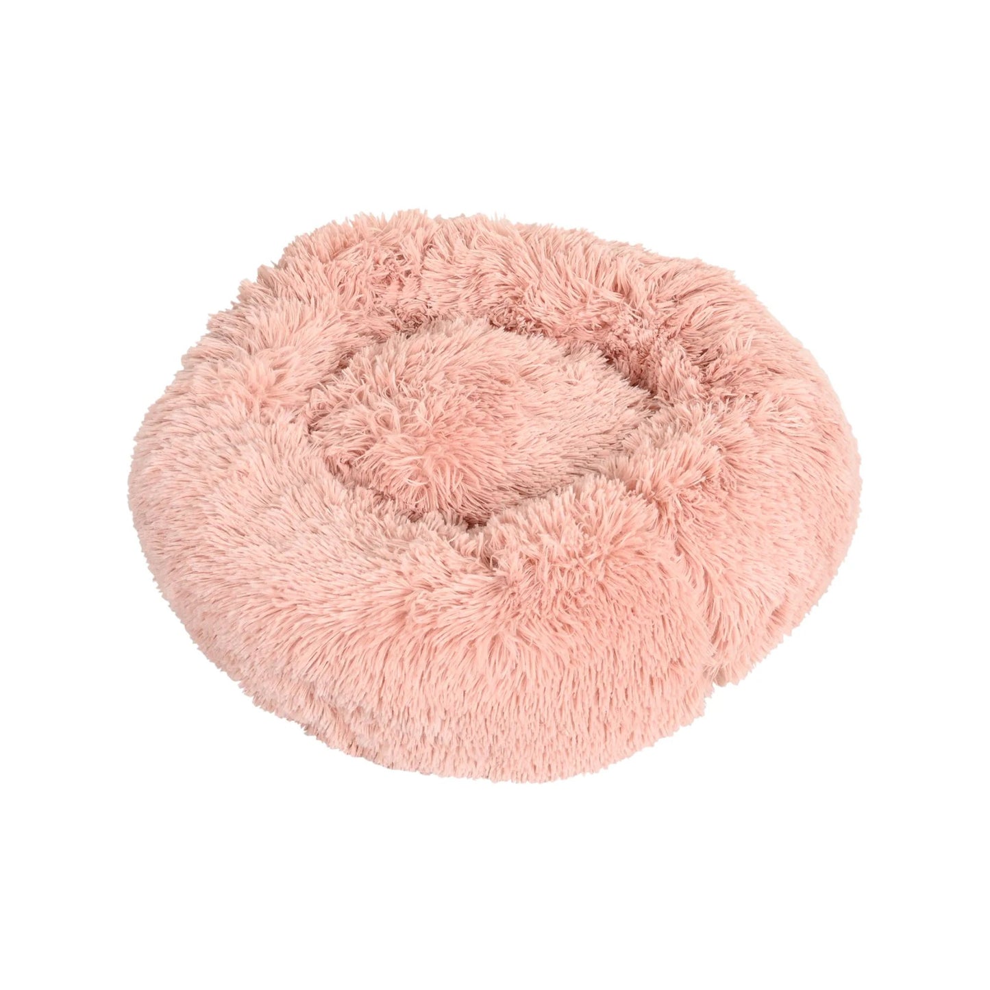Rond donutvormig hondenkussen van zacht pluche, Ø58 cm, in roze met opstaande rand voor geborgenheid en diepe slaap; geschikt voor kleine tot middelgrote honden.