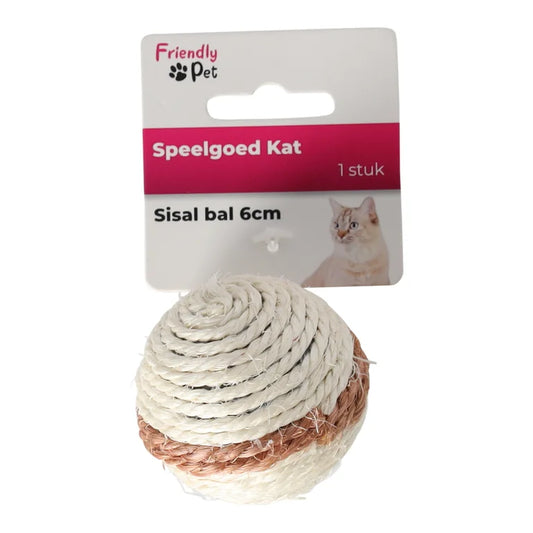 Robuuste kattenspeelbal van sisaltouw (6 cm), beige met bruine accenten. Stimuleert jachtinstinct, ondersteunt nagelverzorging en voorkomt krabben aan meubels.