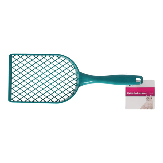 Lichtgewicht kattenbakschep (34,5×12,5 cm) met ergonomische greep en fijne sleuven voor het scheiden van klonten en schone korrels; assorti kleuren.