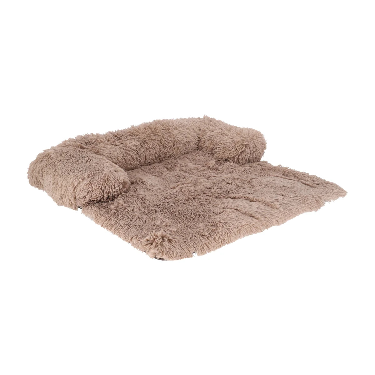 Vierkante hondenmat (74×74 cm) van zachte taupe pluche met opstaande rand; biedt hoofd-/neksteun en helpt arm- en rugleuning van de bank te beschermen.