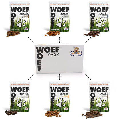 Gevarieerde box met 100% natuurlijke, graan- en suikervrije hondentrainers in kleine blokjes; ideaal voor training en snelle beloningen voor pups en volwassen honden.