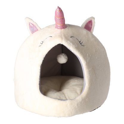 Knusse eenhoorn huisdiermand van 45 cm. Zachte pluche katten- en hondenmand in vrolijk unicorn design, ideaal voor kleine huisdieren.
