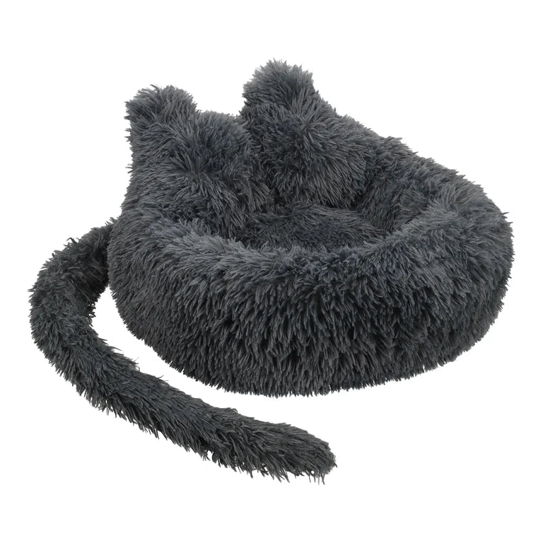Luxe zwarte kattenmand SnuggleTail van zachte pluche, met ronde donutvorm en antislip bodem voor ultiem comfort.