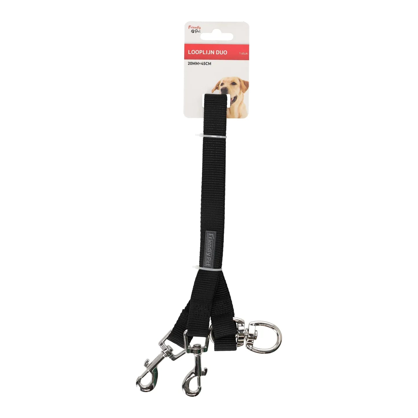 Duo looplijn zwart 20mm met twee lijnen van 45cm en draaibare musketonhaken