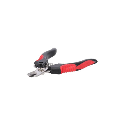 Een compacte nagelknipper met rood-zwarte handgreep en metalen bladen, ontworpen voor het veilig knippen van nagels bij honden en katten.